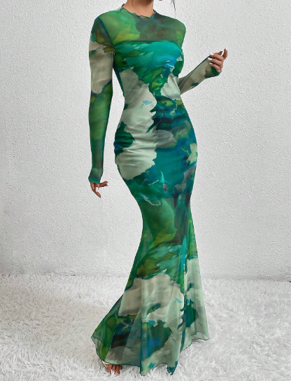 Mesh Floral Print Mermaid Maxi Dress