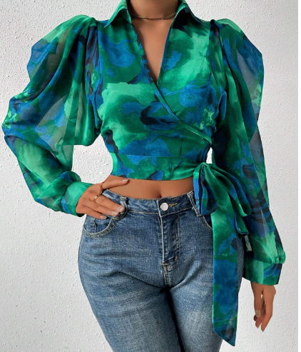 Mesh Floral Print Puff Sleeve Crop Top