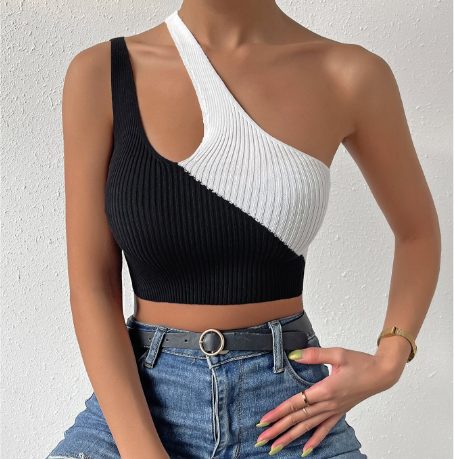 Two Tone One Shoulder Knit Crop Top