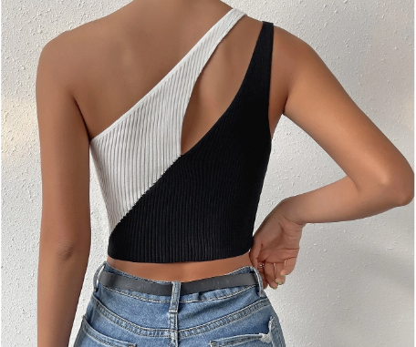 Two Tone One Shoulder Knit Crop Top