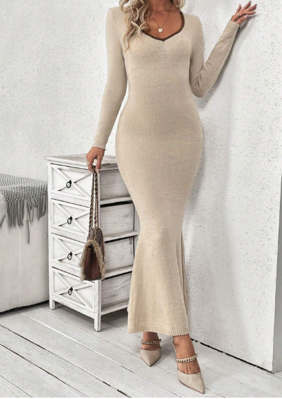 V Neck Full Length Sweater Dress