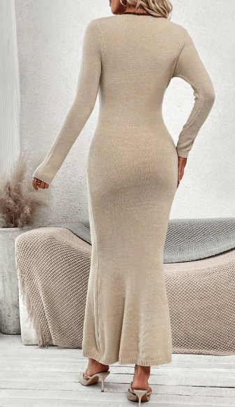 V Neck Full Length Sweater Dress