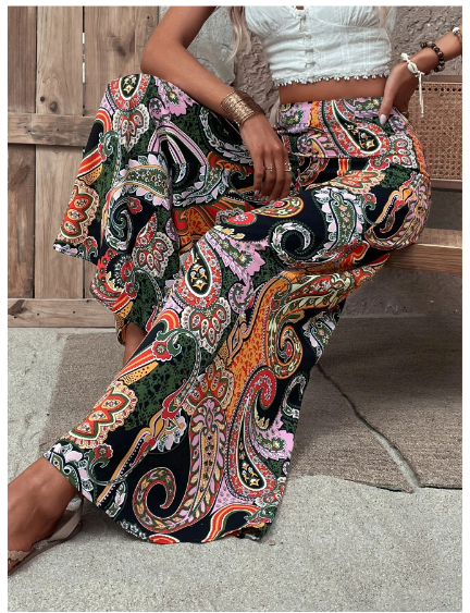 Paisley Print Zip Side Wide Leg Pants